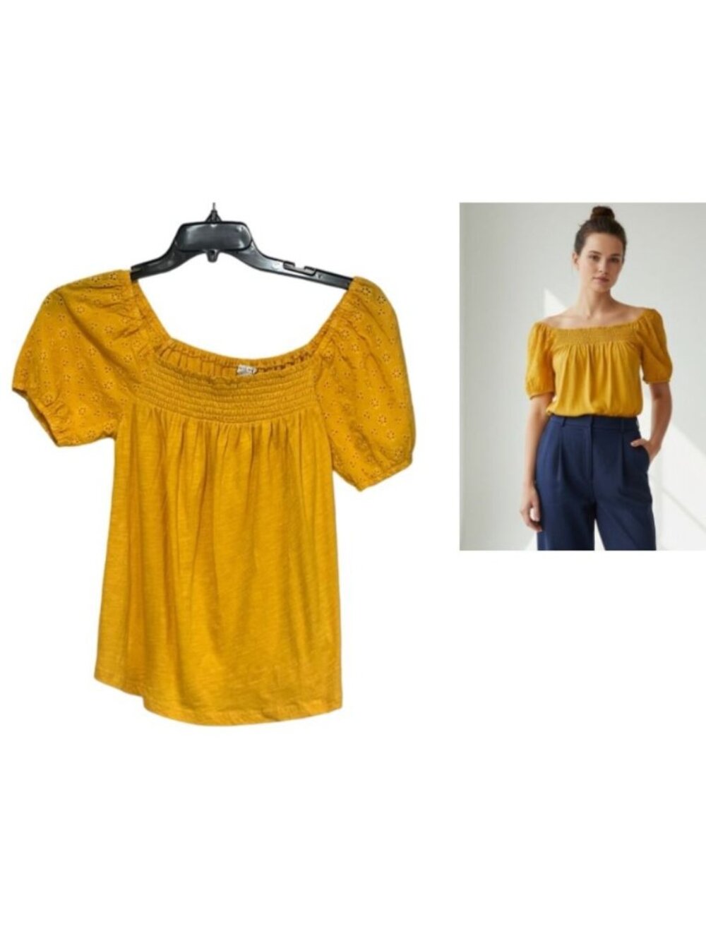 Lucky Brand women’s Eyelet-sleeve cotton top, warm yellow, Sz. S